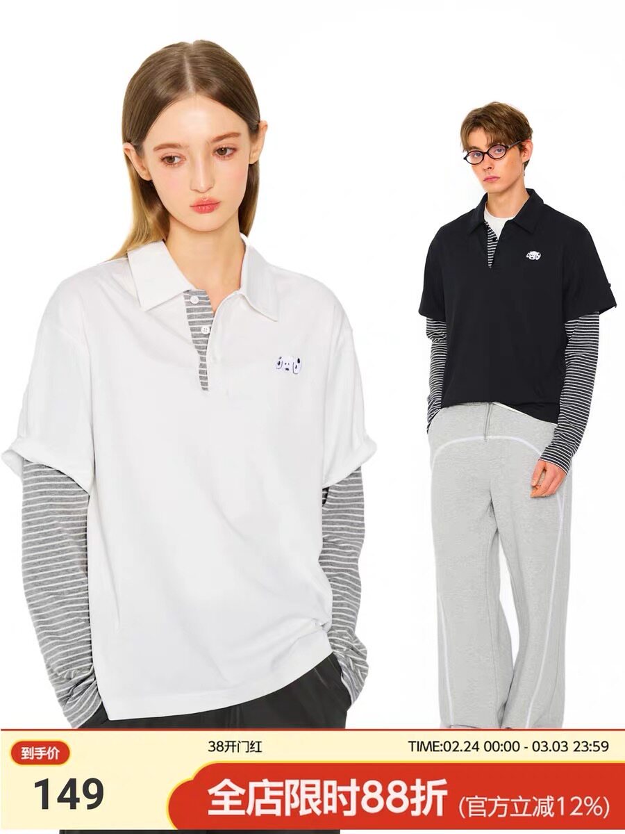 MYSAMESAME26SS条纹拼接假两件Polo衫设计感街头宽松长袖上衣男女