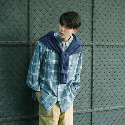 dakyam混纺磨毛素色落肩格子衬衫