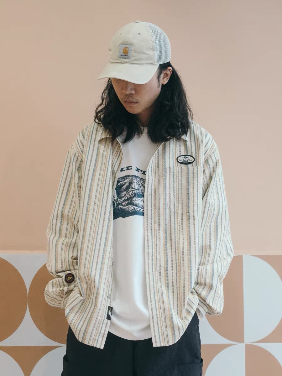 食钓SEDUCEgear日系复古做旧麦穗竖条纹衬衫秋季长袖衬衣外套情侣