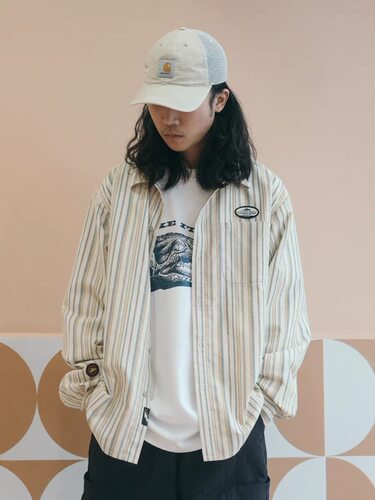 食钓SEDUCEgear日系复古做旧麦穗竖条纹衬衫秋季长袖衬衣外套情侣