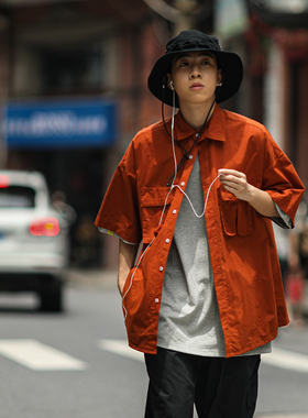 ADMD日系复古工装机能纯棉假两件多口袋廓形短袖衬衫男宽松潮流男