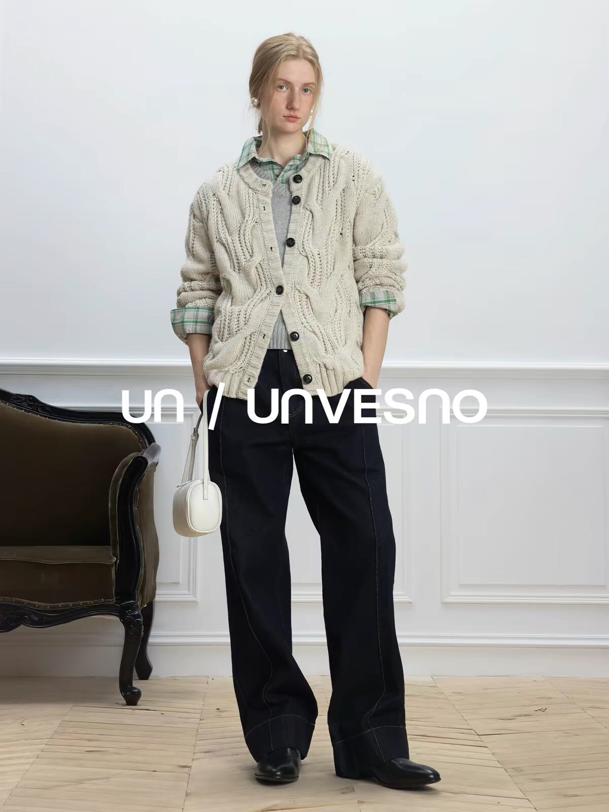 Unvesno(UN)老钱风进口3针立体绞花搬针麻花纹羊毛混纺毛衣开衫
