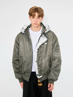 MYSAMESAME25AW新款保暖拼接毛绒帽门襟飞行员棉衣美式复古厚外套