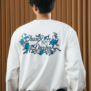 DAKYAM 22AW 白日梦蓝花卉字体简约口袋纯棉潮长袖 TEE恤情侣 达人