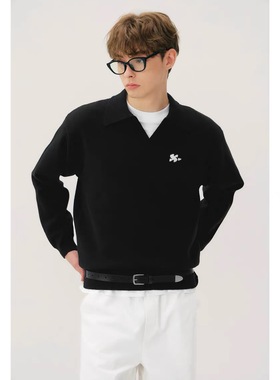 MYSAMESAME25AW纯色毛衣慵懒保暖V字POLO翻领复古基础针织衫秋冬