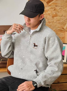 ACTIONS 腊肠狗刺绣半拉连立领卫衣重磅空气层宽松烧花运动上衣男