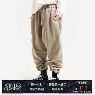 MODITEC 18AW 卡其色金属光泽松紧腰多形态立体剪裁束脚裤直筒裤
