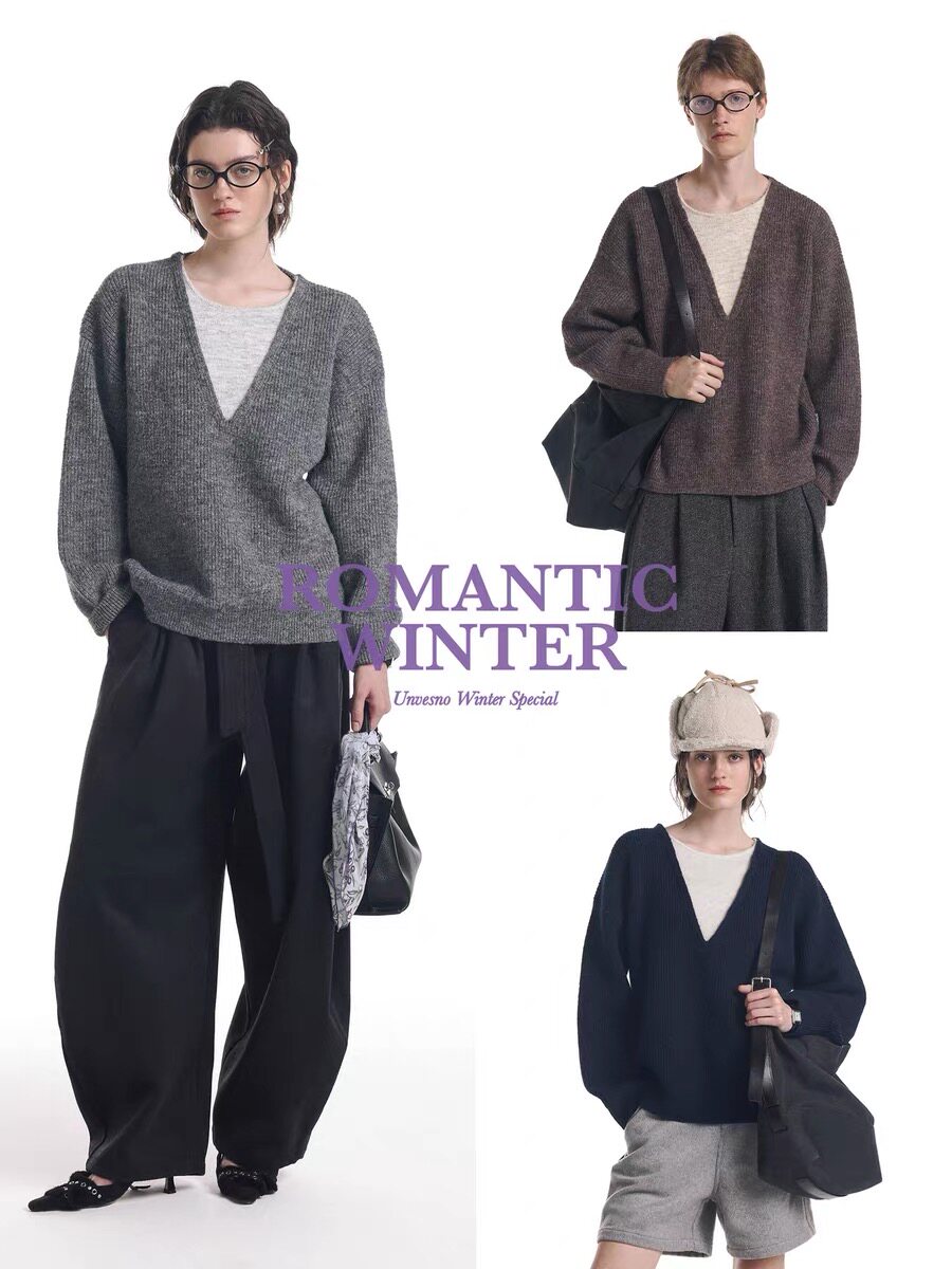 【假两件】Unvesno(UN)高智感V领拼色杂色羊驼长毛羊毛混纺针织衫