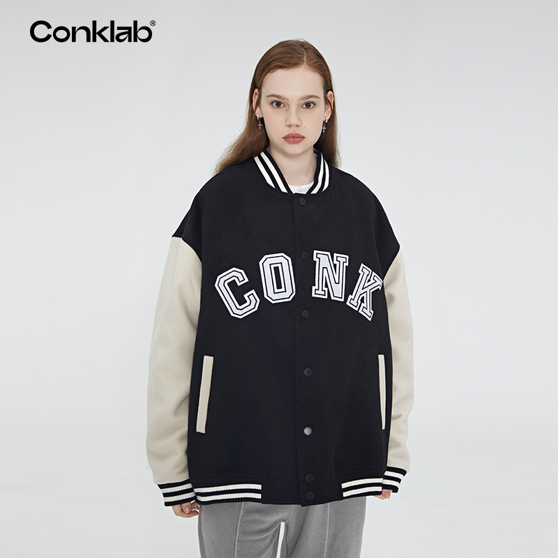 conklab字母情侣潮牌呢绒棒球服