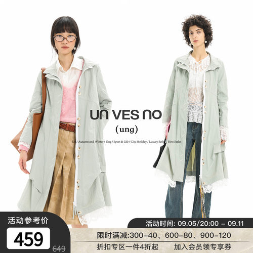 【蕾丝花边】Unvesno(UN) 法式小百褶自然褶皱速干防泼水长款风衣