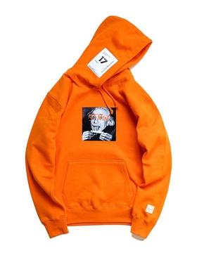 原创设计潮牌STNW秋冬美式街头爱因斯坦橙色情侣加绒连帽卫衣男