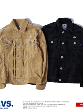 蓝牌DEVS黑色卡其色水洗刺绣灯芯条绒修身复古工装夹克外套