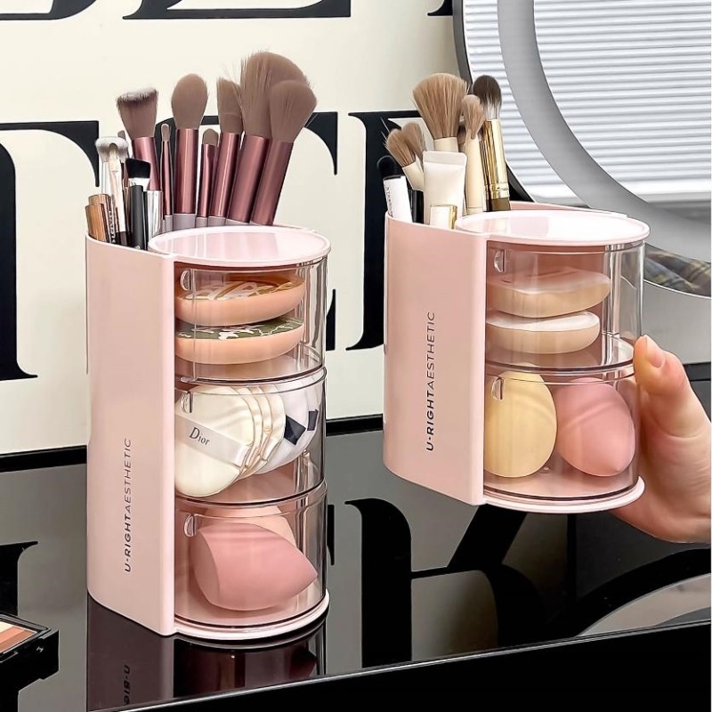 粉扑收纳盒旋转防尘梳妆台桌面美妆蛋气垫粉扑口红化妆刷筒置物架,收纳整理,化妆刷收纳盒/桶,淘宝优惠券,粉丝福利购,淘宝优惠卷