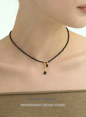 G/S缪斯 甜酷风时髦高级感黑晶石串珠锁骨链黑色流苏项链chocker