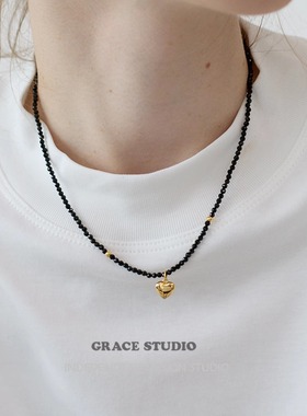 G/S缪斯 2025爆款黑色尖晶石爱心吊坠项链新中式精致串珠锁骨链女