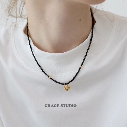 G/S精致黑色尖晶石爱心吊坠项链