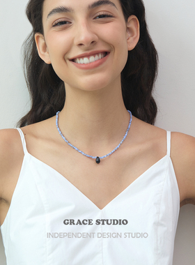 G/S周末美学 春夏艺术感天蓝色串珠项链女度假风文艺水滴叠戴颈链