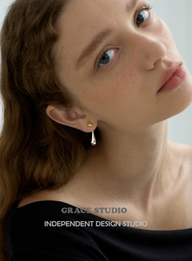 G/S巴黎街头 高级感简约水滴撞色后挂式耳环女极简精致金银色耳钉