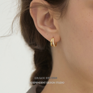 精致迷你百搭双层线条金属耳环高智感锆石耳圈2026新款 S黎贝卡