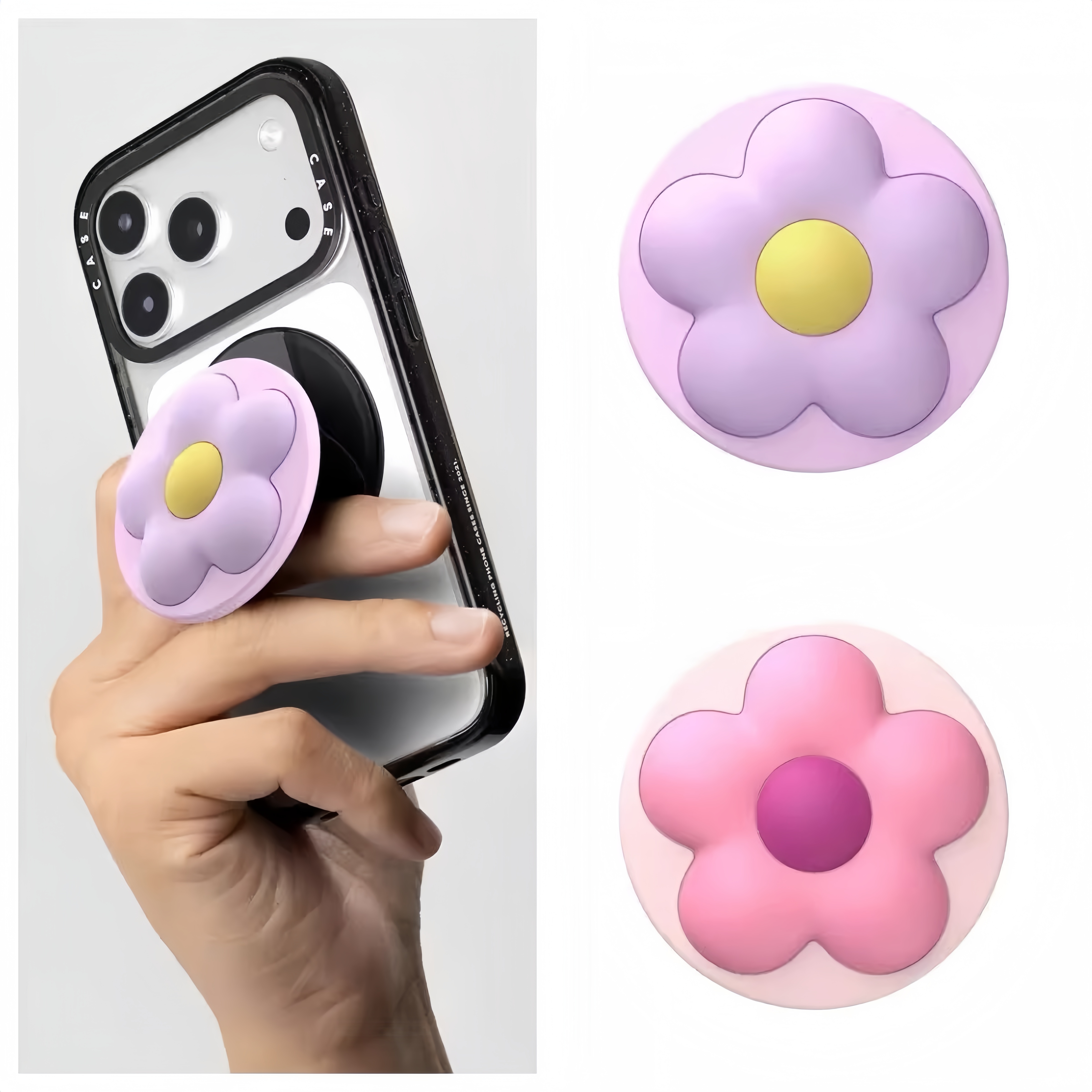 CASE联名新款硅胶桃粉花朵立体通用手机折叠推拉磁吸支架伸缩啪嗒