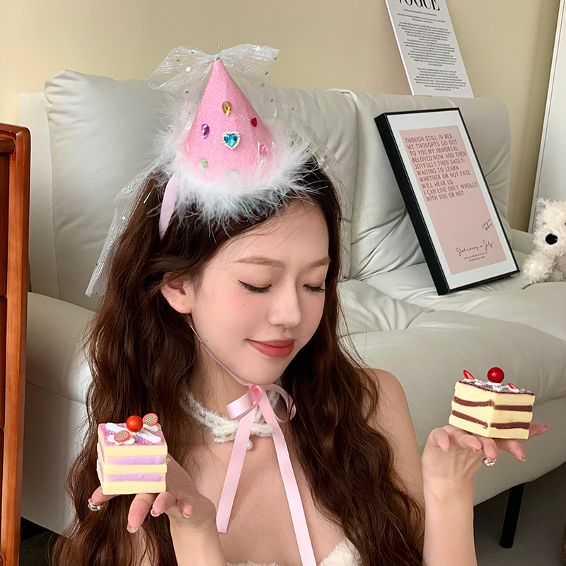 粉色水钻羽毛头纱生日帽甜美少女心绑带帽子氛围感拍照饰品发饰女