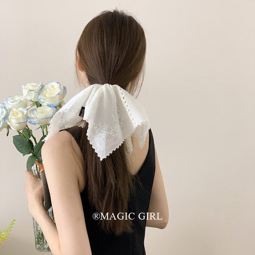 魔丽少女徐璐同款白色蕾丝方巾发圈女超大刺绣大肠圈发饰头花头饰
