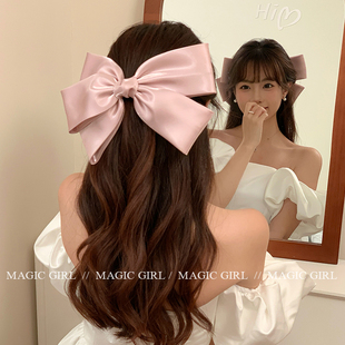 粉色缎面超大蝴蝶结头饰女显脸小大号弹簧夹发夹生日氛围夹子发饰