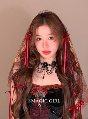 万圣节红色蕾丝蝴蝶结网纱头饰女鬼新娘蜘蛛头纱装扮暗黑配饰穿搭
