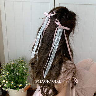 魔丽少女芭蕾风粉色长飘带蝴蝶结发夹蕾丝缎面发卡头饰甜美鸭嘴夹