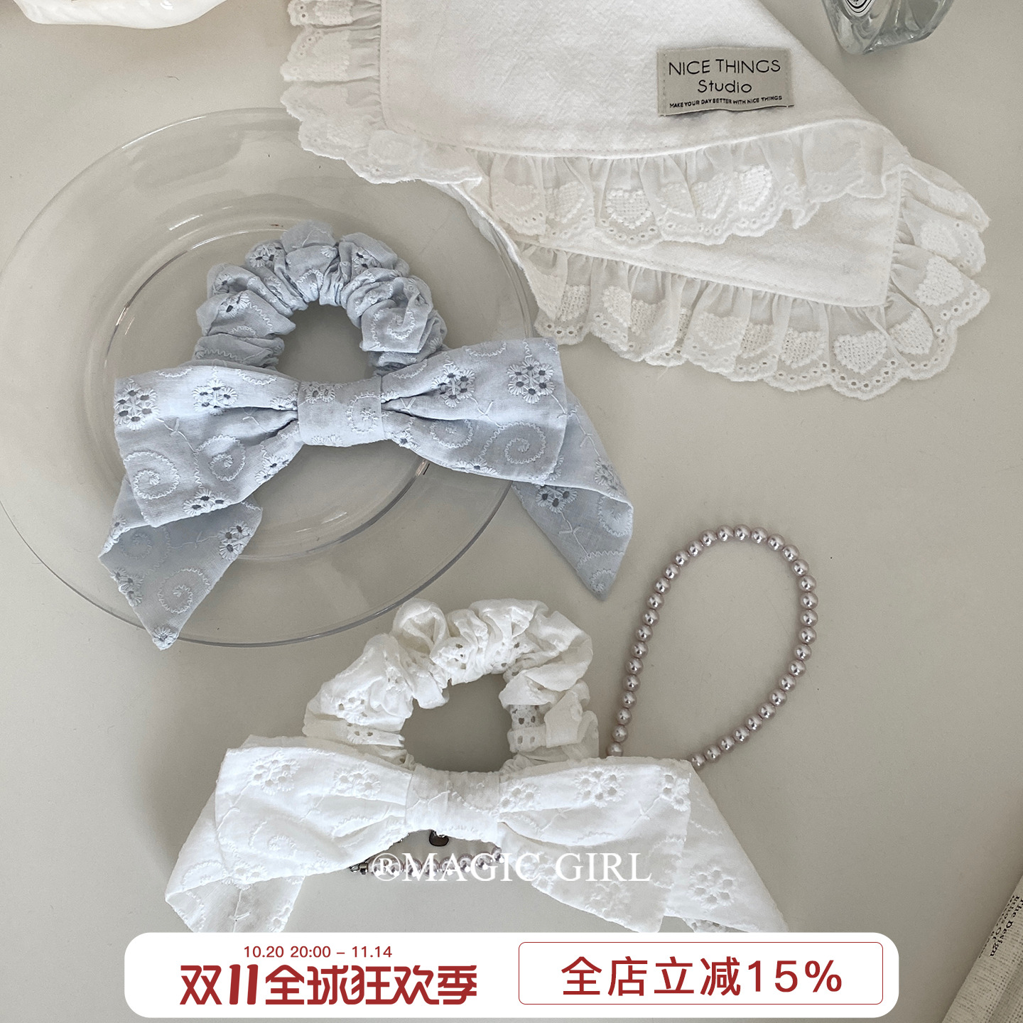 少女心精致刺绣蕾丝蝴蝶结发圈女芭蕾风布艺发绳头饰质感皮筋头绳