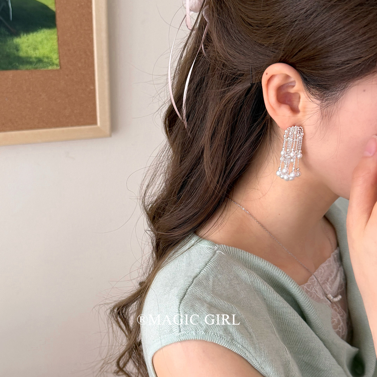 高级感珍珠流苏耳环女小众轻奢法式瀑布耳钉925银针漂亮耳饰气质