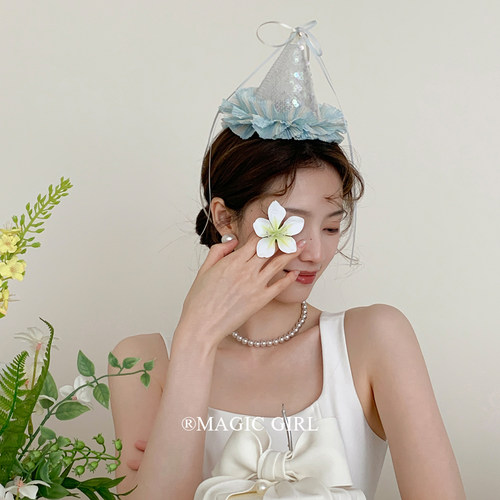 蓝色亮片蝴蝶结丝带生日帽发夹少女法式生日头饰帽子发饰拍照道具