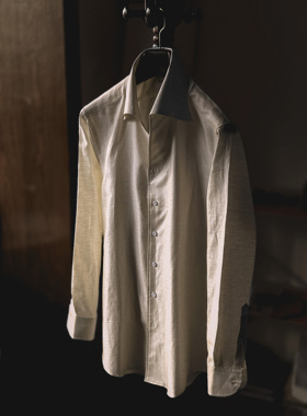 REAL SELF意式优雅复古一片领金灰色棉麻 三步手工衬衣CARLO RIVA