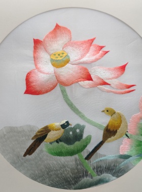 莲花荷花刺绣真丝双面手工刺绣清货画芯扇面老绣片多款入