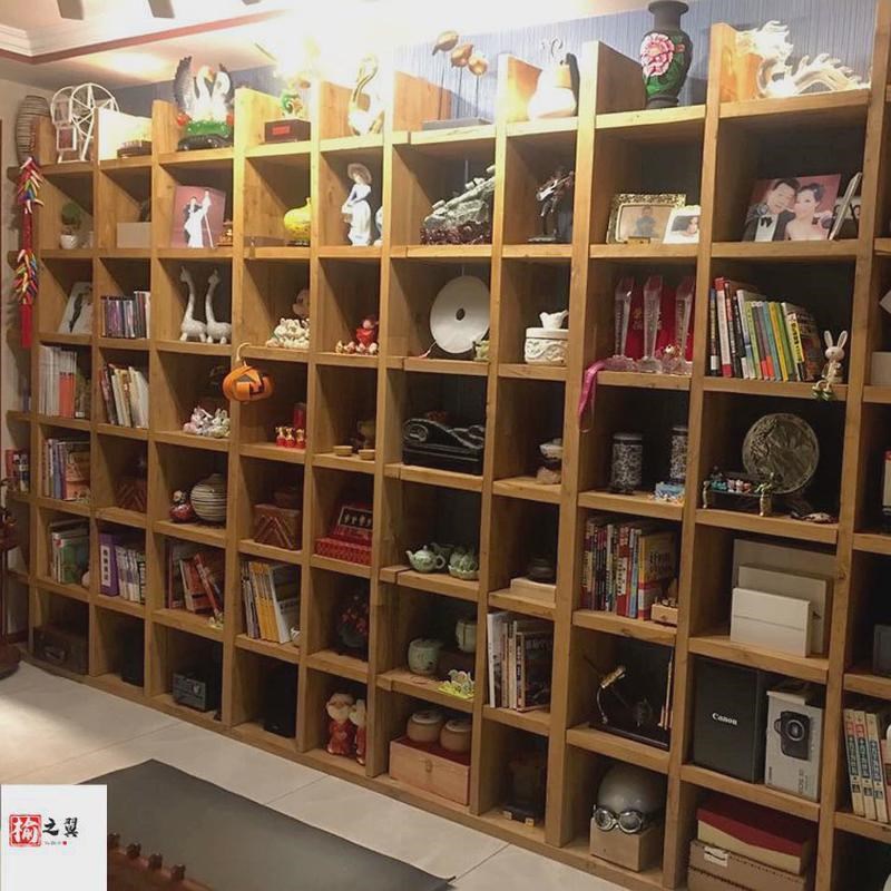 简约置物架落地隔断书柜满墙格子架老榆木实木书架书柜