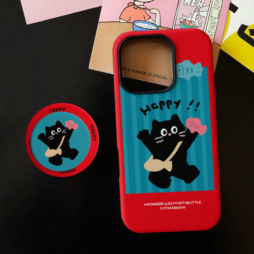 鲷鱼烧小黑猫适用苹果17promax手机壳iphone16pro菲林磁吸支架个性华为P80小米15小众vivo防摔保护壳oppo可爱