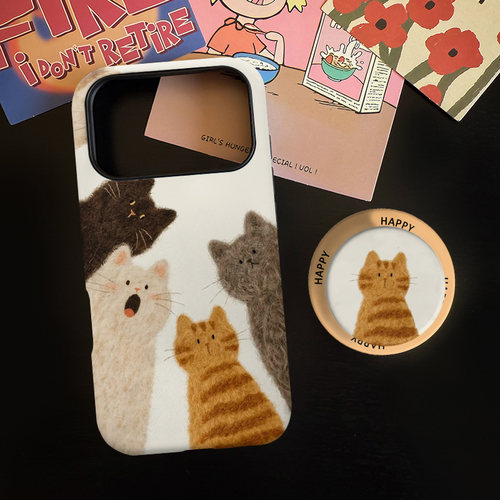 毛绒小猫适用苹果17promax手机壳iphone16pro菲林磁吸支架个性华为P80小米15小众vivo防摔保护壳oppo日韩简约