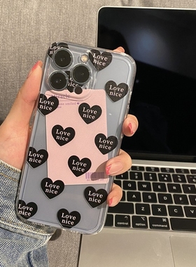 网红ins黑色爱心硅胶透明适用于苹果16promax手机壳iPhone15/1413超薄手感小众12时尚个性16plus原创辣妹风11