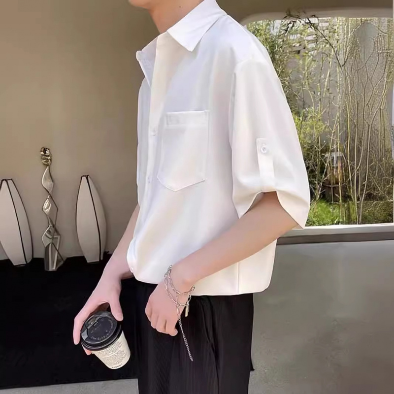 夏季男冰丝衬衫七分袖宽松t恤韩版短袖衬衣时尚高级感轻熟风上衣