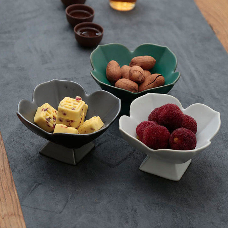 日式复古点心零食果盘托盘陶瓷高脚茶点盘茶道坚果碟精品剑山花器