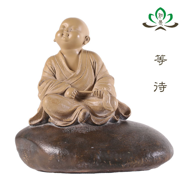 中式桌面装饰 台湾铁丸石禅趣小沙弥等待 一角禅石愿系列创意摆件