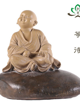 中式桌面装饰 台湾铁丸石禅趣小沙弥等待 一角禅石愿系列创意摆件