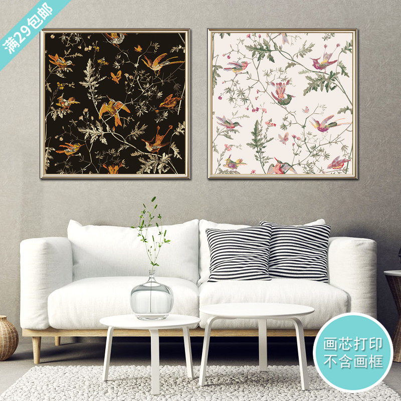 蜂鸟花卉纹理艺术美式复古挂画高清印制无画框简约北欧正方形画芯