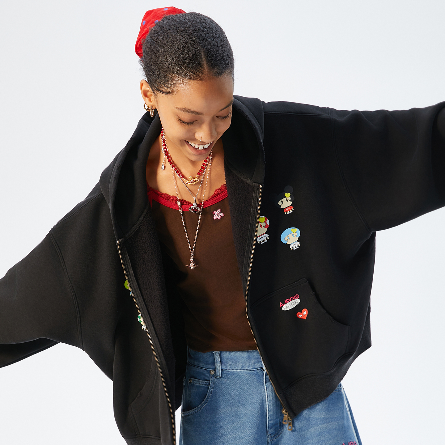 美式复古趣味图案连帽卫衣女