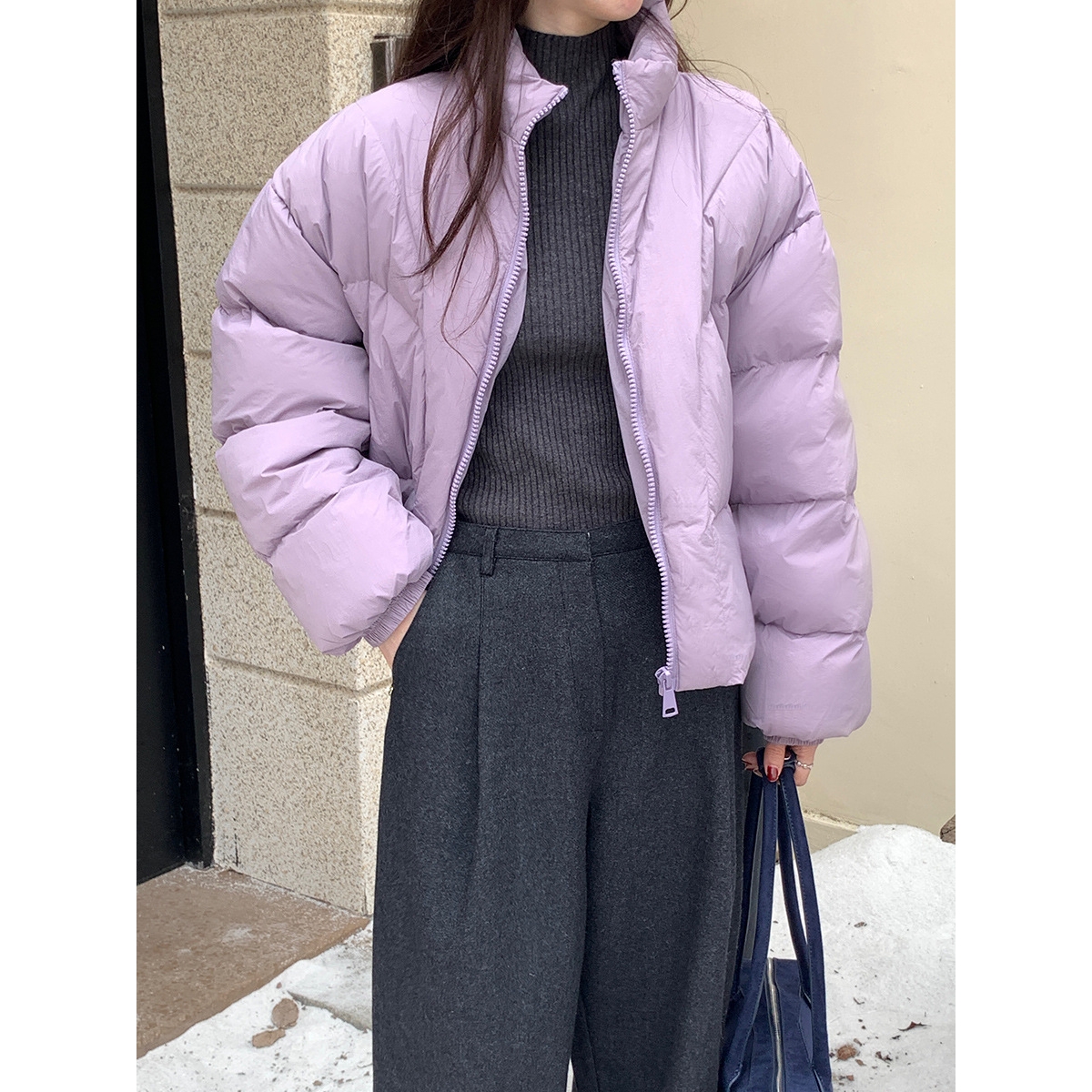 紫色羽绒服女冬季广州十三行2024新款韩版宽松加厚保暖面包服外套