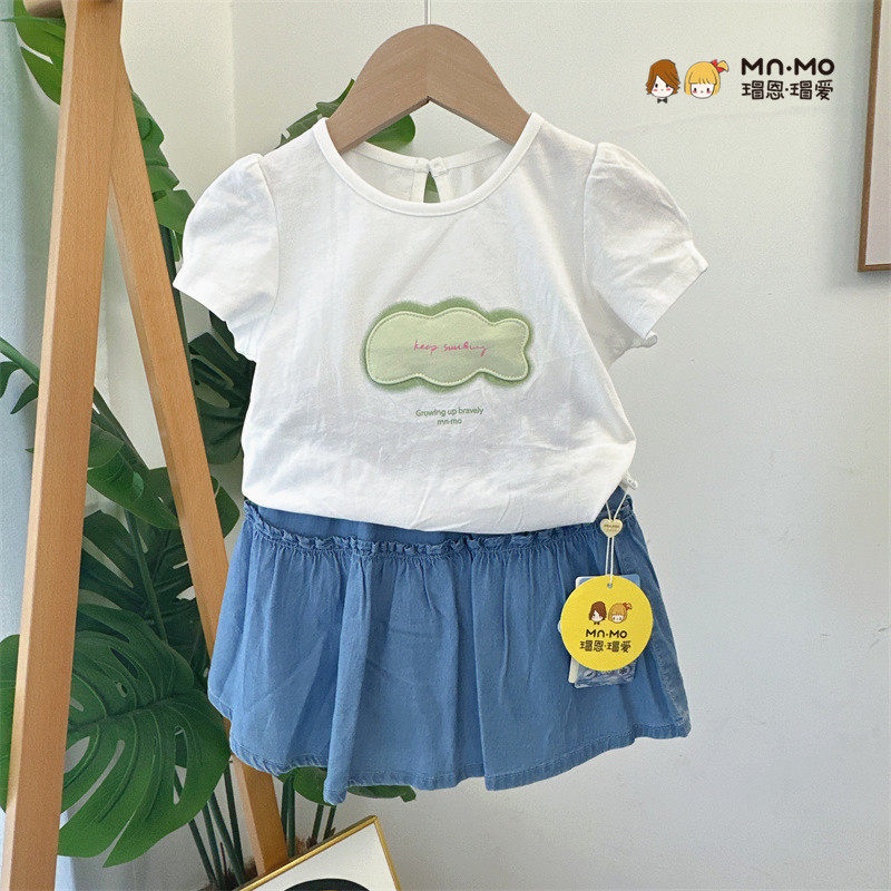 瑁恩瑁爱夏新款女童天丝莱赛尔牛仔裙裤短裤短裙短袖可爱休闲超薄