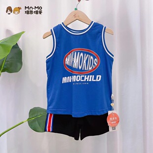 衣拉拉瑁恩瑁爱夏季新款男童无袖背心短裤男宝套装冰川纯棉超薄