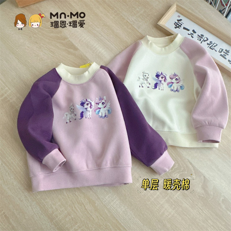 暖壳棉瑁恩瑁爱春新款女宝宝可爱套头上衣卫衣女童单卫衣空气层