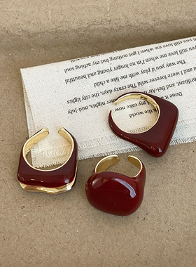 个性安可拉红滴油不规则金属开口戒指女小众高级时尚百搭指环戒子