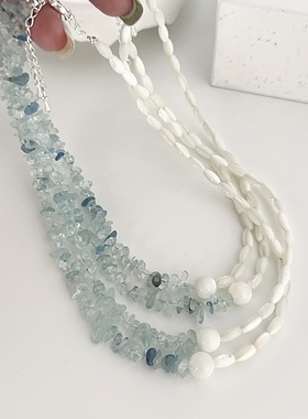 小清新浅蓝色天然石拼接贝壳珠项链女甜美优雅精致百搭颈链锁骨链